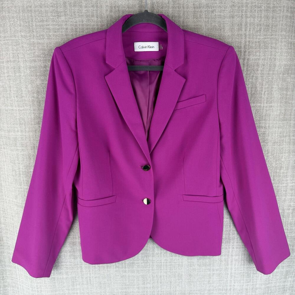 Calvin Klein Blazer Womens 14 Purple Collared Lined Pockets Single-Breasted